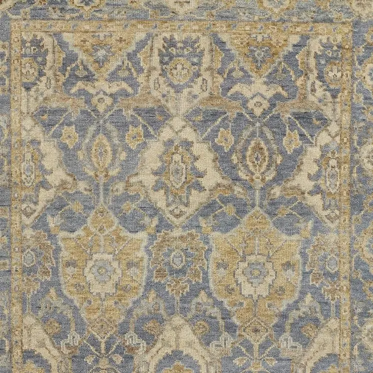 2' X 3' Blue and Gold Wool Floral Hand Knotted Area Rug With Fringe