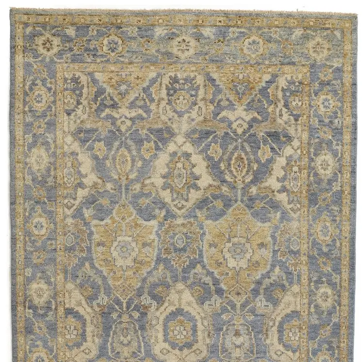2' X 3' Blue and Gold Wool Floral Hand Knotted Area Rug With Fringe