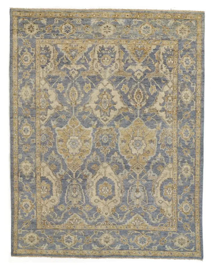 2' X 3' Blue and Gold Wool Floral Hand Knotted Area Rug With Fringe