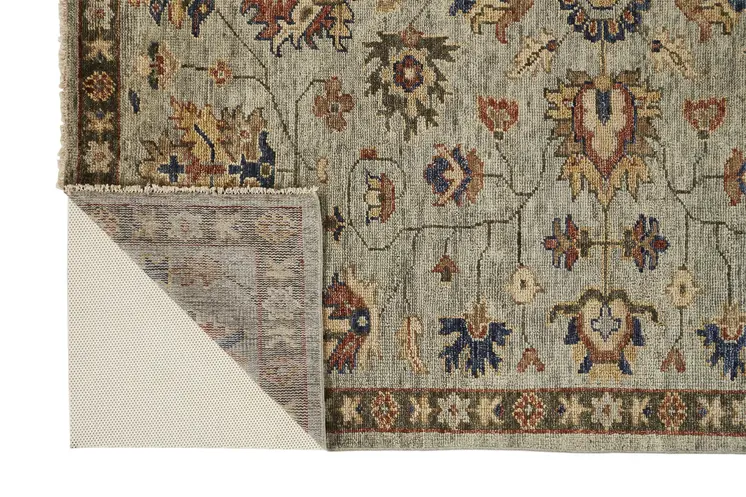 5' X 8' Gray Gold And Red Wool Floral Hand Knotted Stain Resistant Area Rug With Fringe
