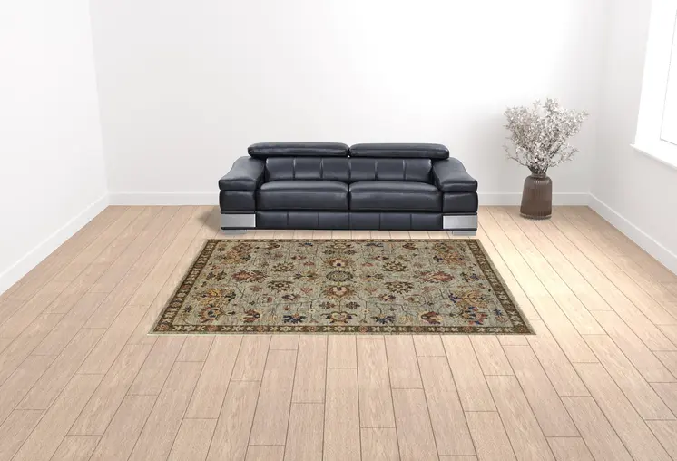9' X 12' Gray Gold And Red Wool Floral Hand Knotted Stain Resistant Area Rug With Fringe