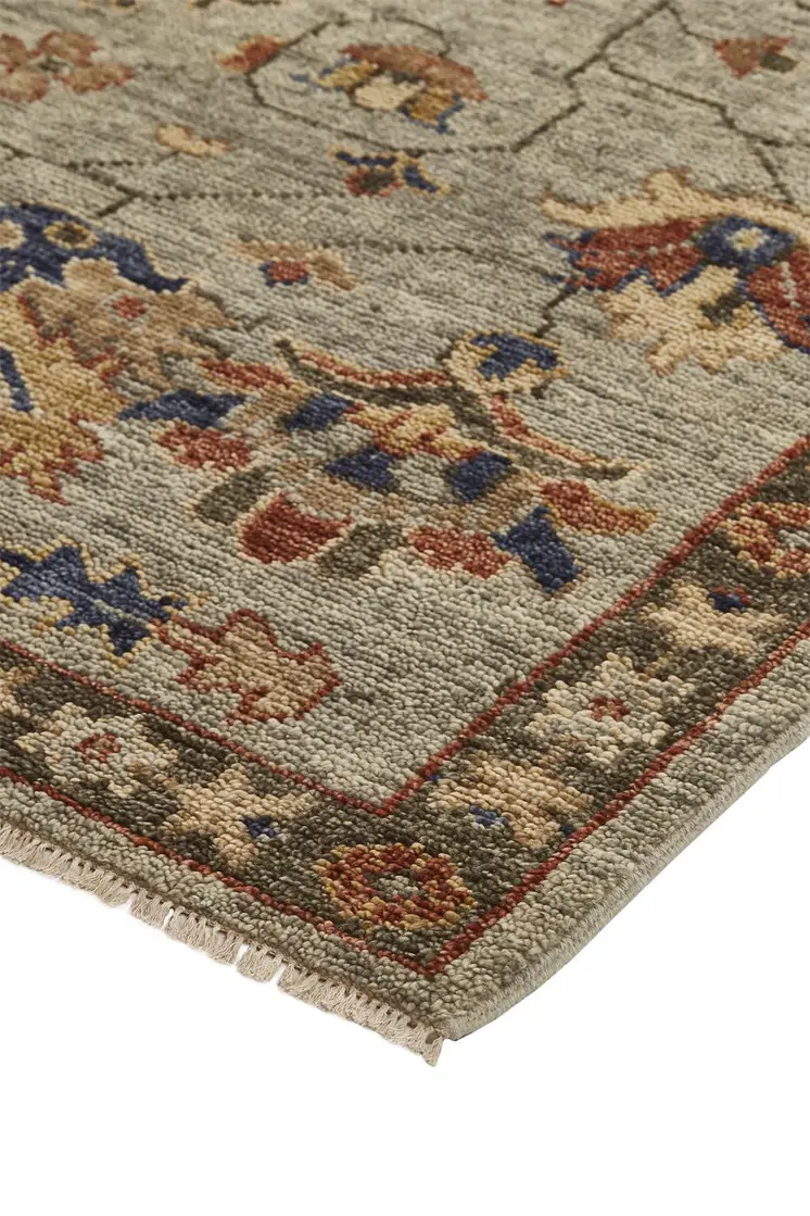 10' X 13' Gray Gold And Red Wool Floral Hand Knotted Stain Resistant Area Rug With Fringe