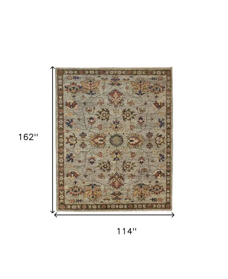 10' X 13' Gray Gold And Red Wool Floral Hand Knotted Stain Resistant Area Rug With Fringe