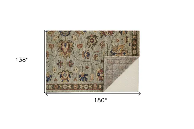 12' X 15' Gray Gold And Red Wool Floral Hand Knotted Stain Resistant Area Rug With Fringe