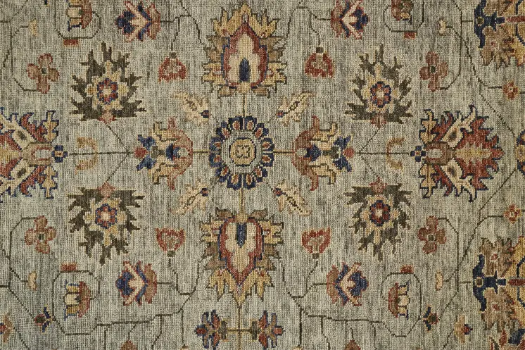 12' X 15' Gray Gold And Red Wool Floral Hand Knotted Stain Resistant Area Rug With Fringe