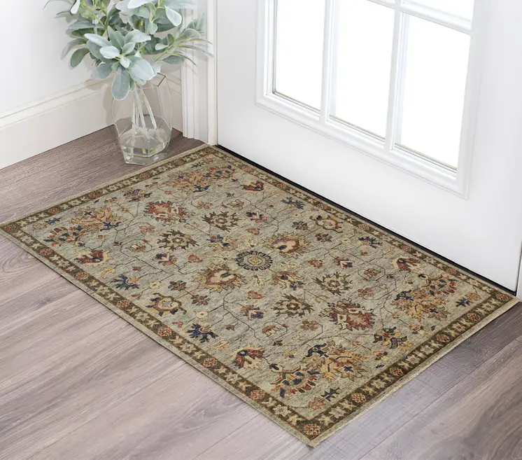2' X 3' Gray and Ivory Wool Floral Hand Knotted Area Rug With Fringe