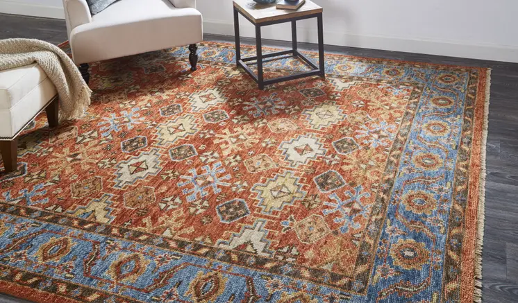 8' X 10' Red Blue And Orange Wool Floral Hand Knotted Stain Resistant Area Rug With Fringe