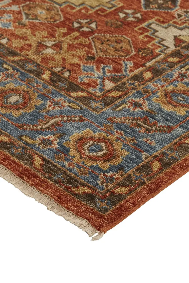 8' X 10' Red Blue And Orange Wool Floral Hand Knotted Stain Resistant Area Rug With Fringe