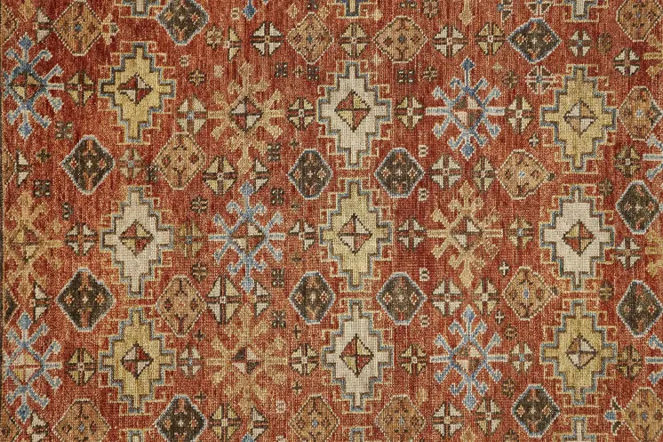 8' X 10' Red Blue And Orange Wool Floral Hand Knotted Stain Resistant Area Rug With Fringe