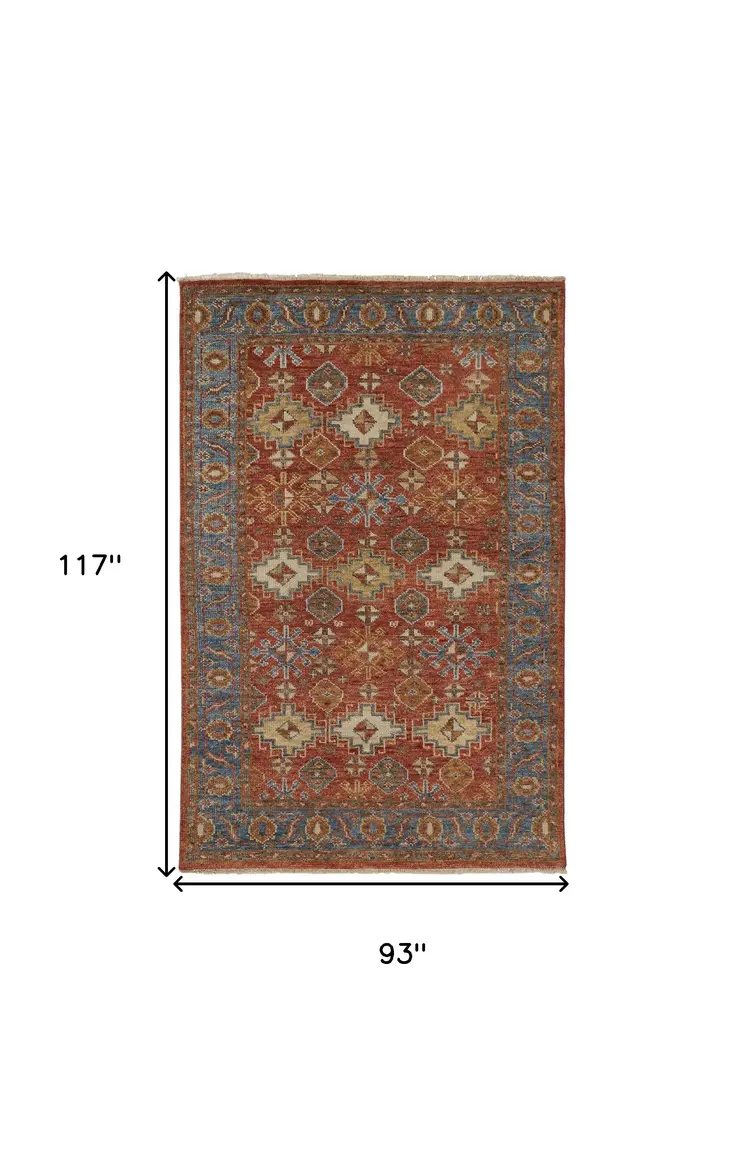 8' X 10' Red Blue And Orange Wool Floral Hand Knotted Stain Resistant Area Rug With Fringe