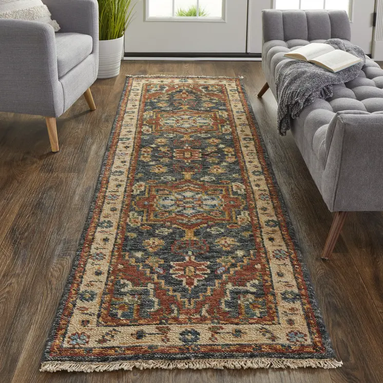 8' Red Black And Ivory Wool Floral Hand Knotted Stain Resistant Runner Rug