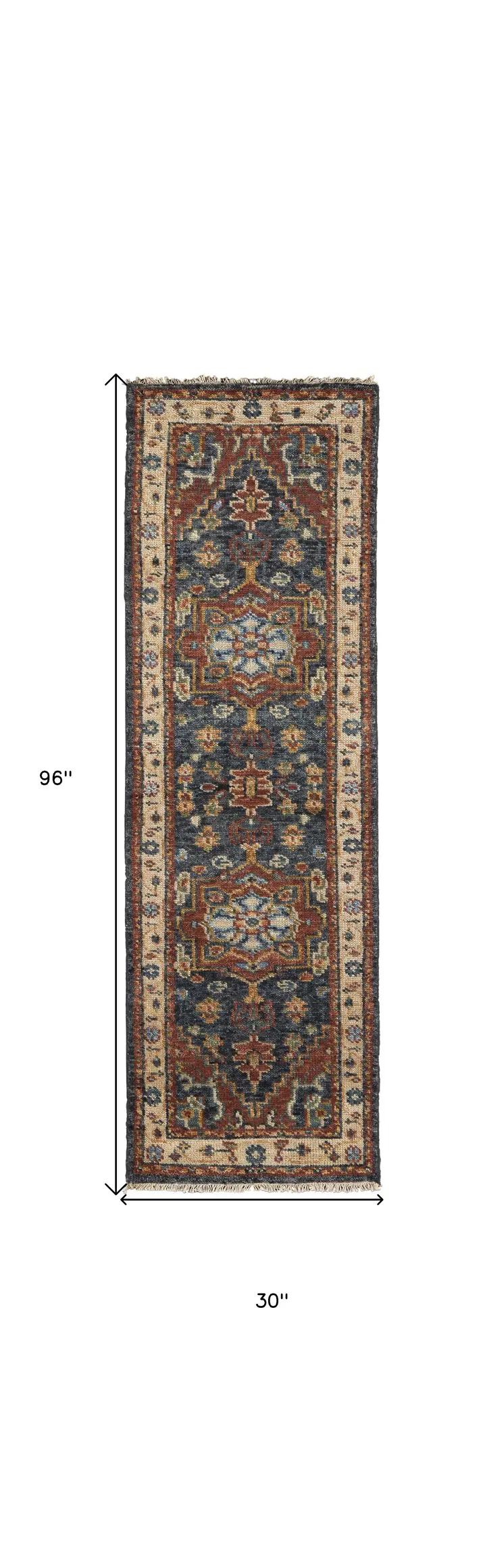 8' Red Black And Ivory Wool Floral Hand Knotted Stain Resistant Runner Rug