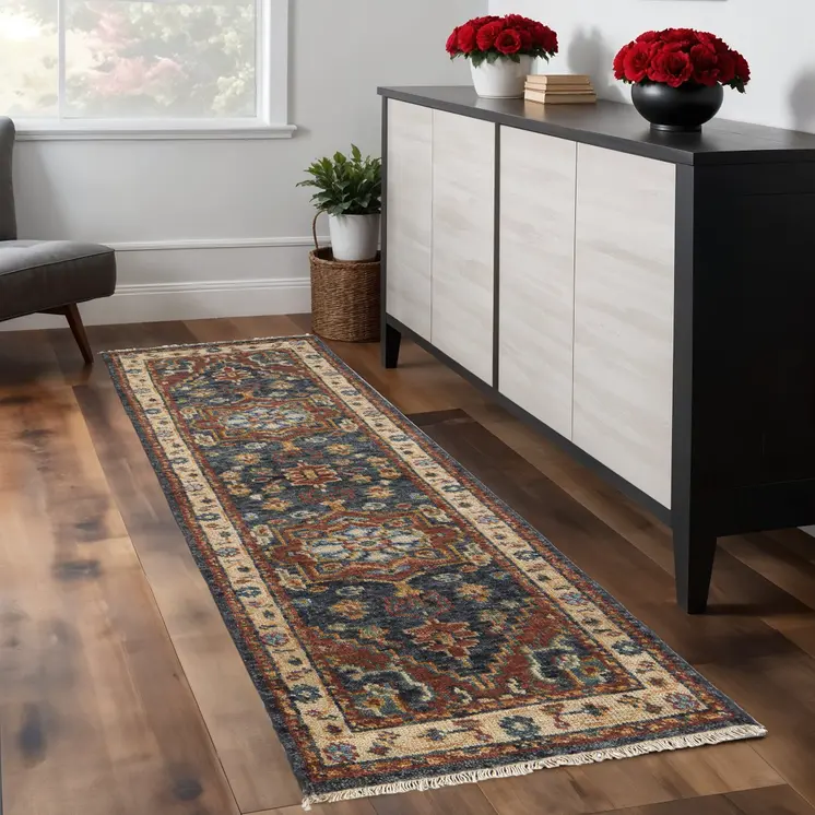 8' Red Black And Ivory Wool Floral Hand Knotted Stain Resistant Runner Rug