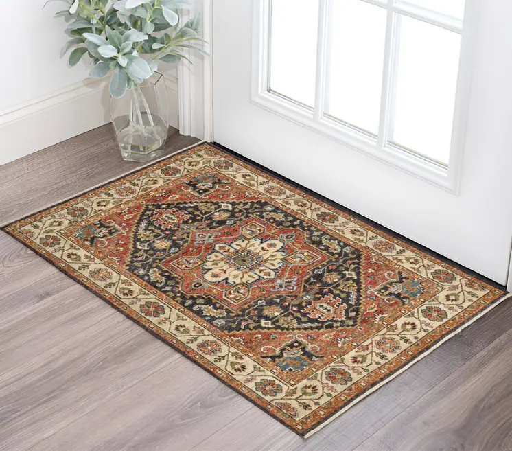 2' X 3' Red and Black Wool Floral Hand Knotted Area Rug