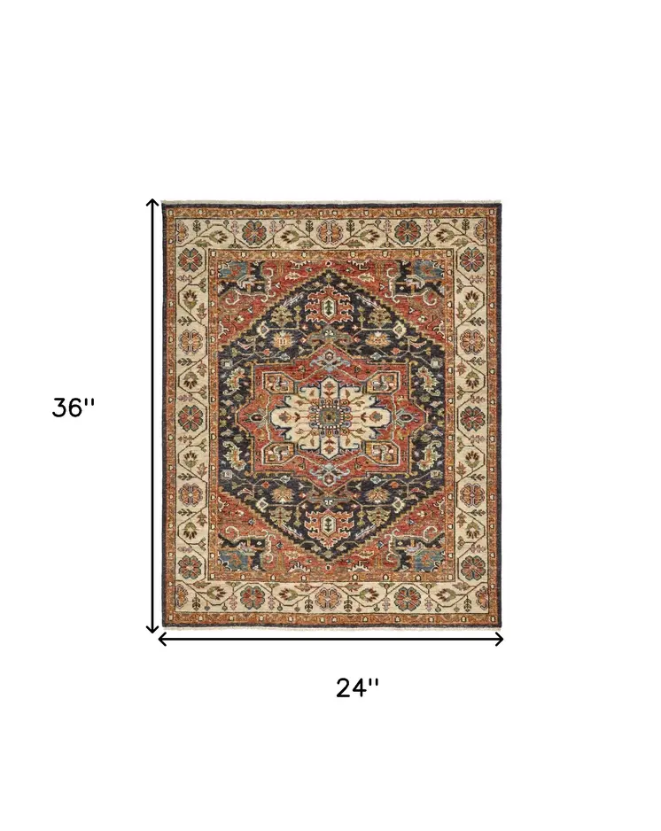 2' X 3' Red and Black Wool Floral Hand Knotted Area Rug