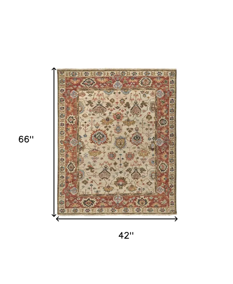 4' X 6' Red and Ivory Wool Floral Hand Knotted Area Rug