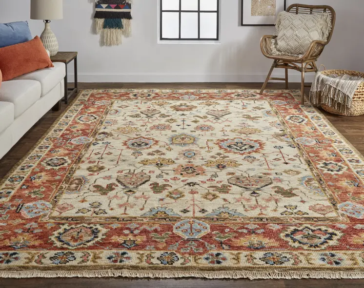 4' X 6' Red and Ivory Wool Floral Hand Knotted Area Rug