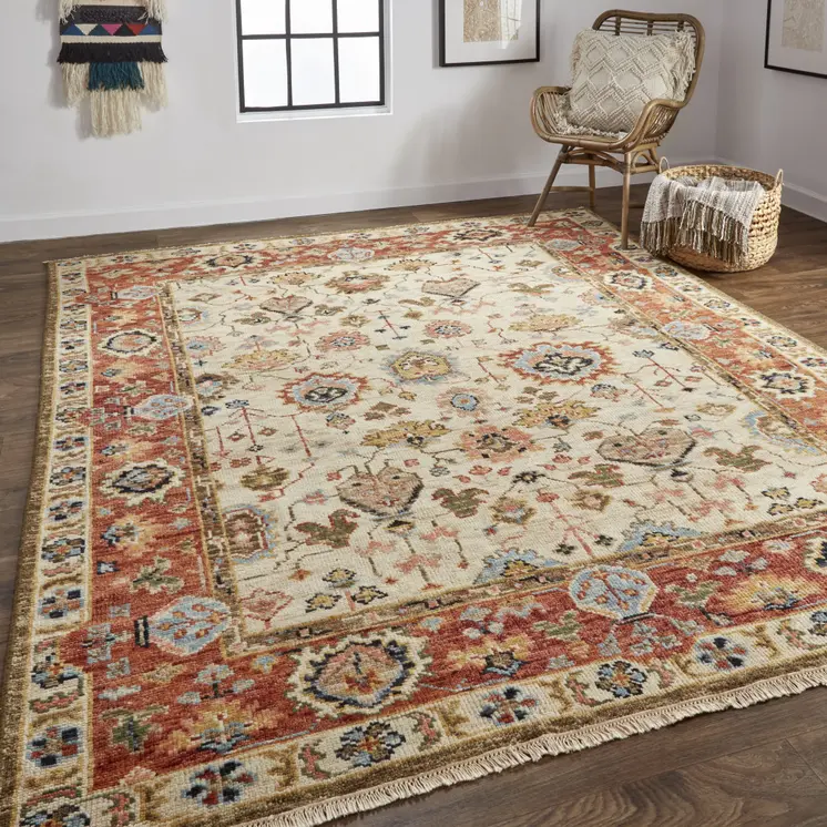 4' X 6' Red and Ivory Wool Floral Hand Knotted Area Rug