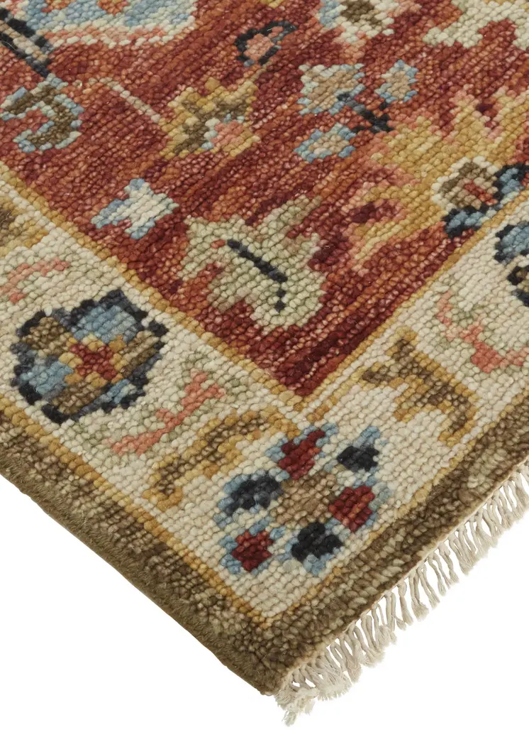4' X 6' Red and Ivory Wool Floral Hand Knotted Area Rug