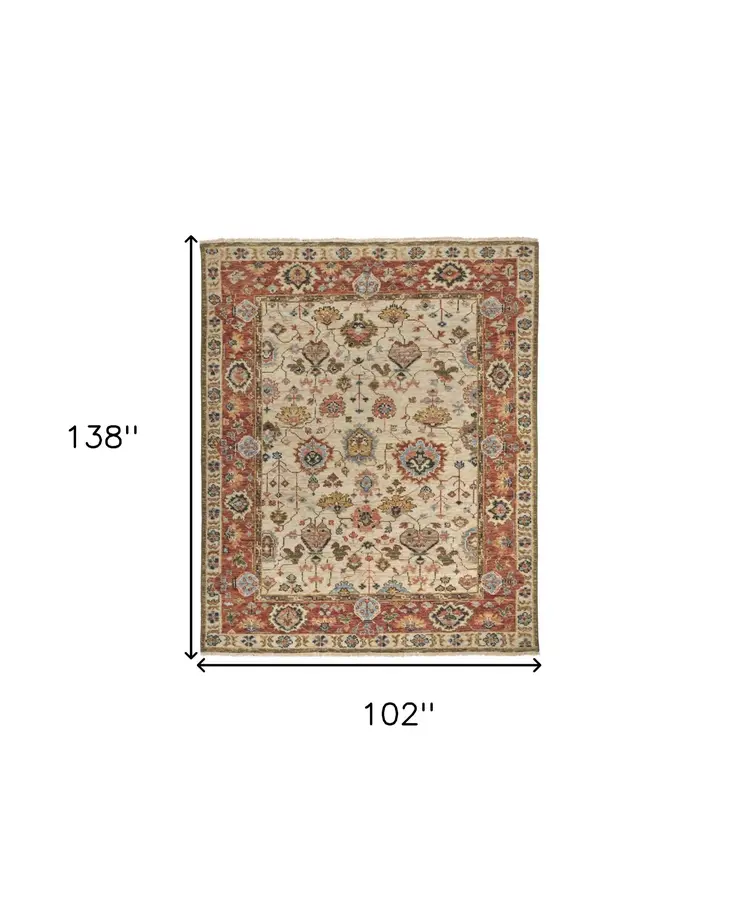 9' X 12' Red and Ivory Wool Floral Hand Knotted Area Rug With Fringe