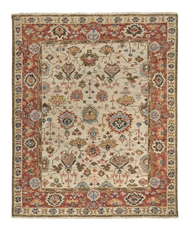9' X 12' Red and Ivory Wool Floral Hand Knotted Area Rug With Fringe