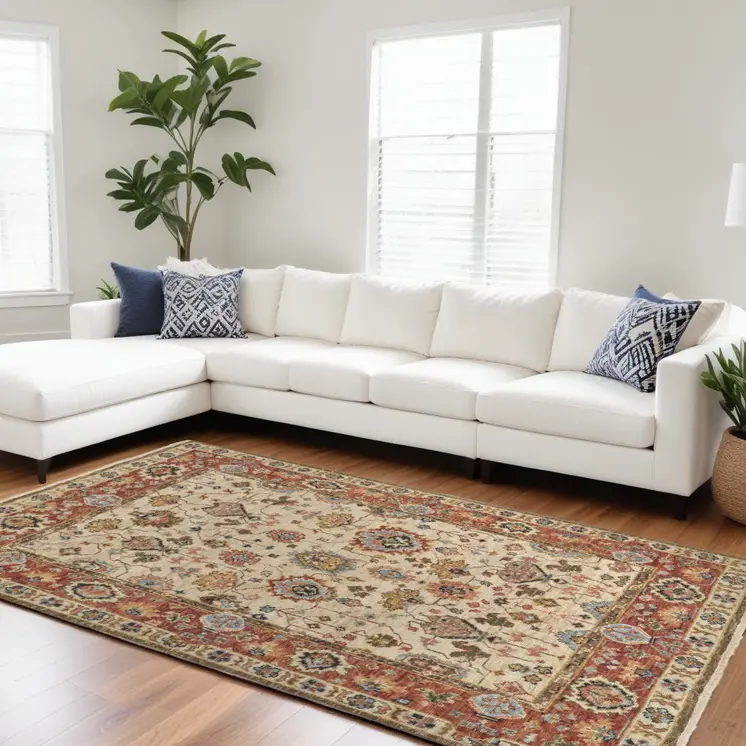 9' X 12' Red and Ivory Wool Floral Hand Knotted Area Rug With Fringe