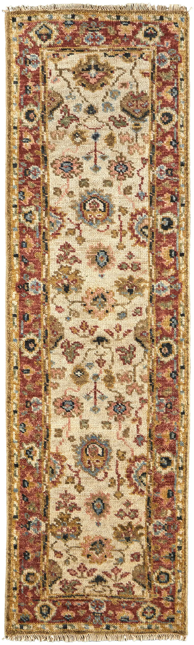 8' Ivory Red And Blue Wool Floral Hand Knotted Stain Resistant Runner Rug
