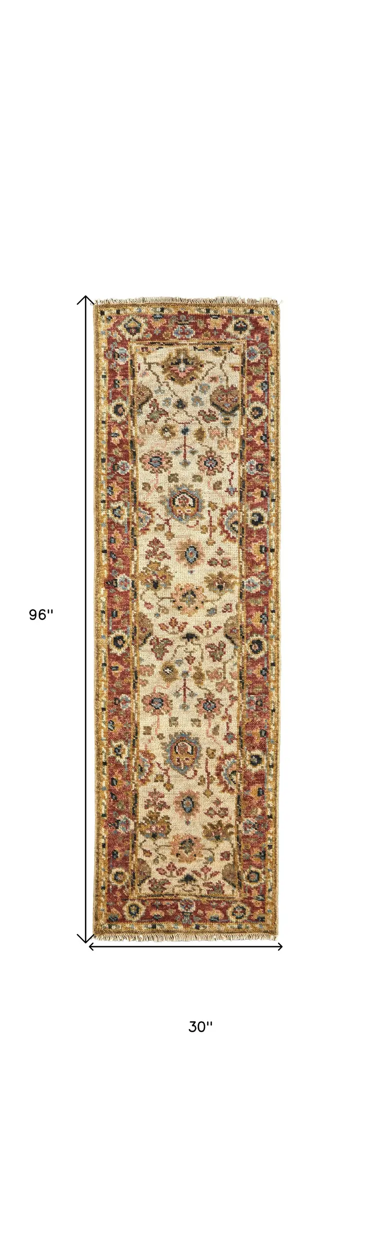 8' Ivory Red And Blue Wool Floral Hand Knotted Stain Resistant Runner Rug