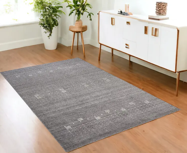 4' X 6' Gray and Ivory Wool Oriental Shag Hand Knotted Area Rug
