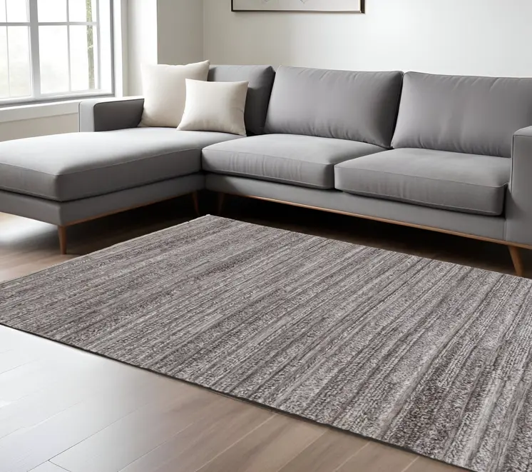 8' X 10' Gray And Ivory Striped Hand Woven Stain Resistant Area Rug