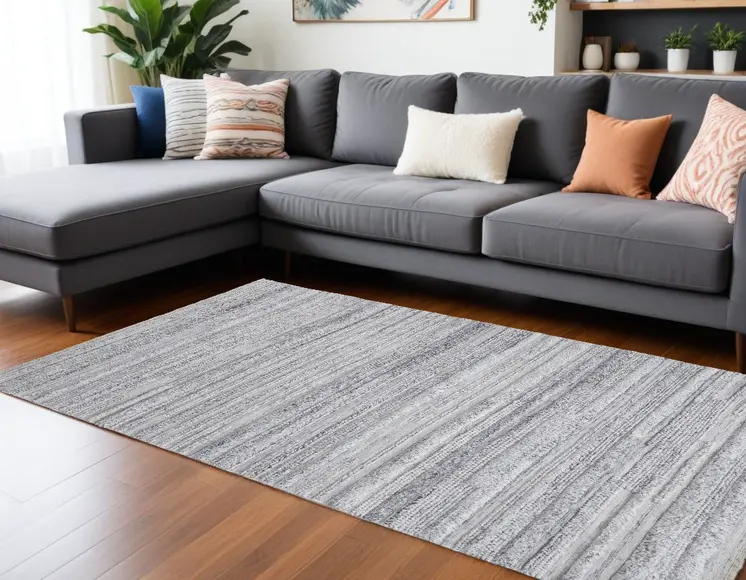 9' X 12' Gray Silver And Ivory Striped Hand Woven Stain Resistant Area Rug