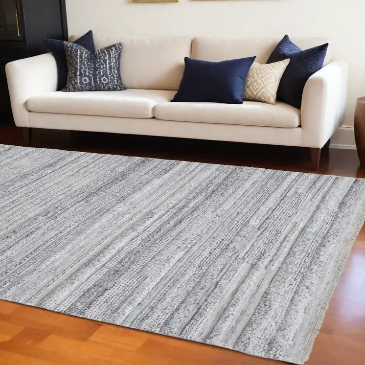 10' X 14' Gray Silver And Ivory Striped Hand Woven Stain Resistant Area Rug