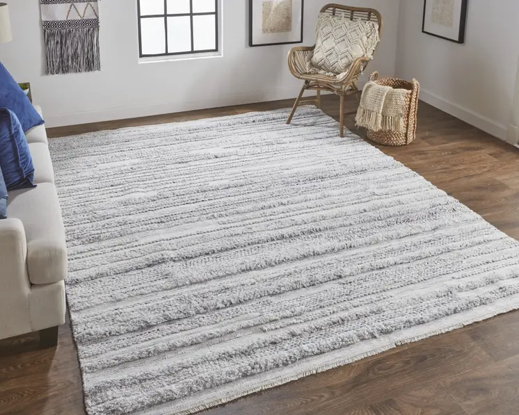 10' X 14' Gray Silver And Ivory Striped Hand Woven Stain Resistant Area Rug