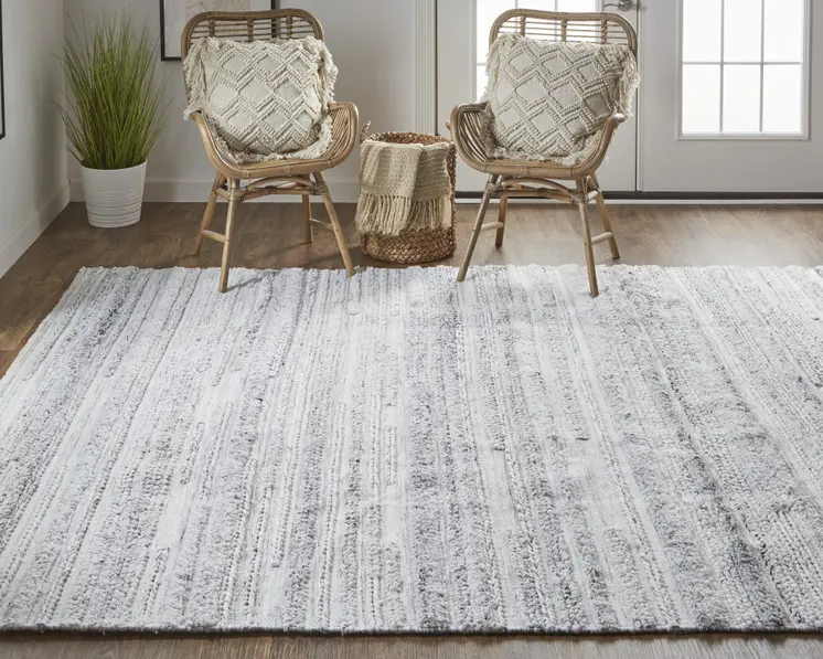10' X 14' Gray Silver And Ivory Striped Hand Woven Stain Resistant Area Rug