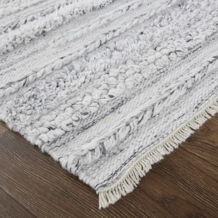 10' X 14' Gray Silver And Ivory Striped Hand Woven Stain Resistant Area Rug