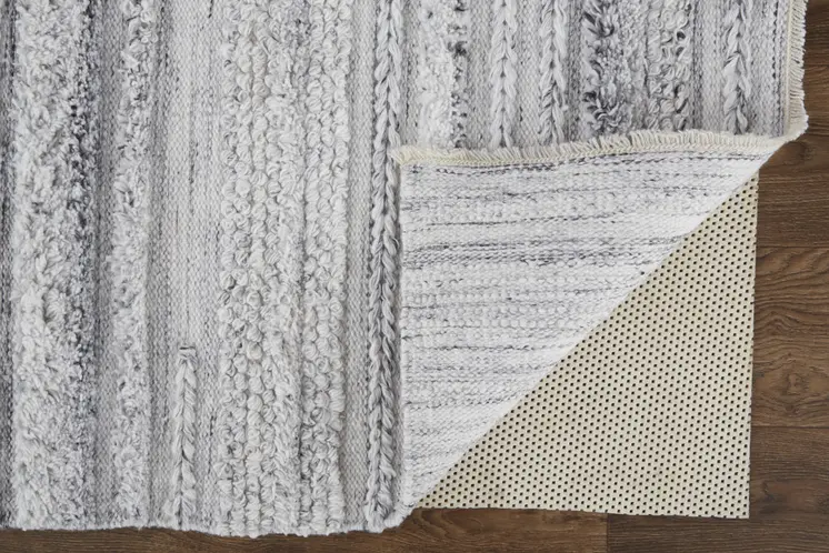 10' X 14' Gray Silver And Ivory Striped Hand Woven Stain Resistant Area Rug