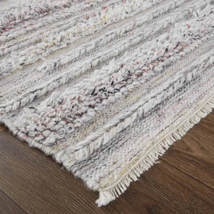 10' X 14' Taupe Ivory And Red Striped Hand Woven Stain Resistant Area Rug