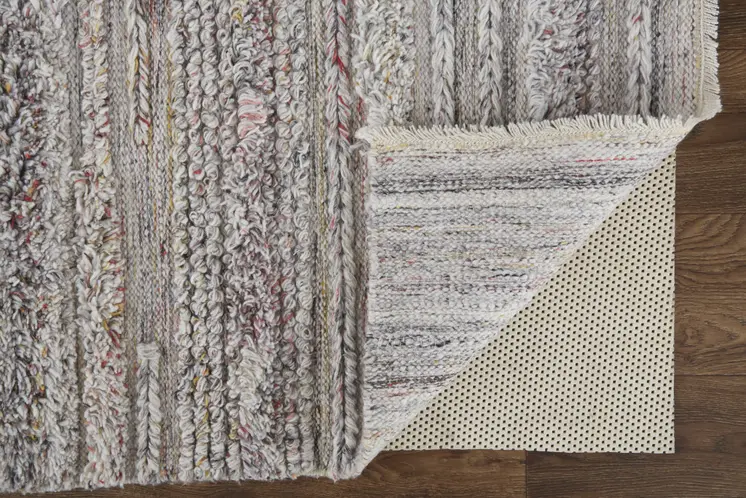 10' X 14' Taupe Ivory And Red Striped Hand Woven Stain Resistant Area Rug