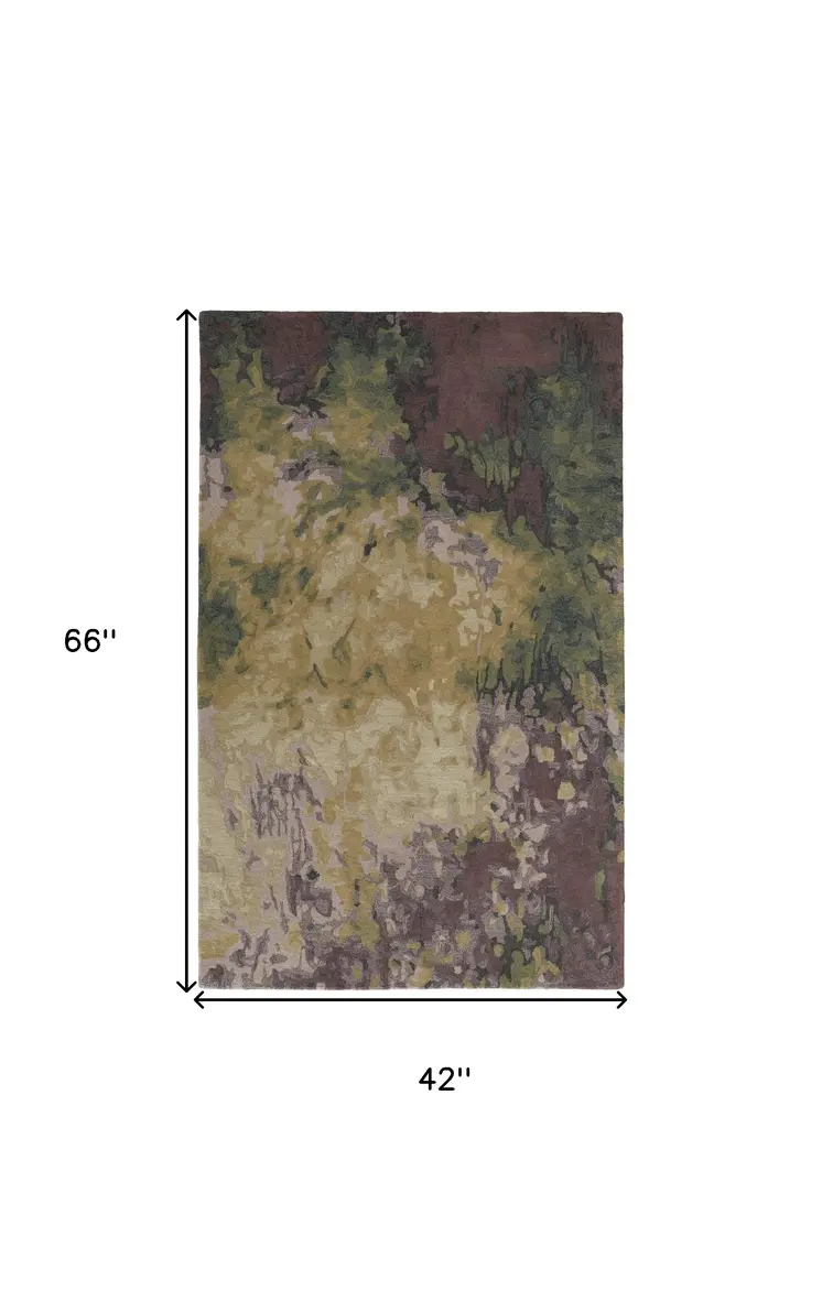 4' X 6' Green and Black Wool Abstract Shag Hand Tufted Area Rug