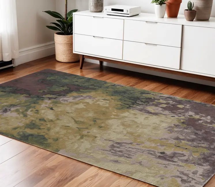 4' X 6' Green and Black Wool Abstract Shag Hand Tufted Area Rug