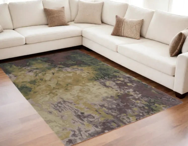 5' X 8' Gold Purple And Green Wool Abstract Tufted Handmade Stain Resistant Area Rug
