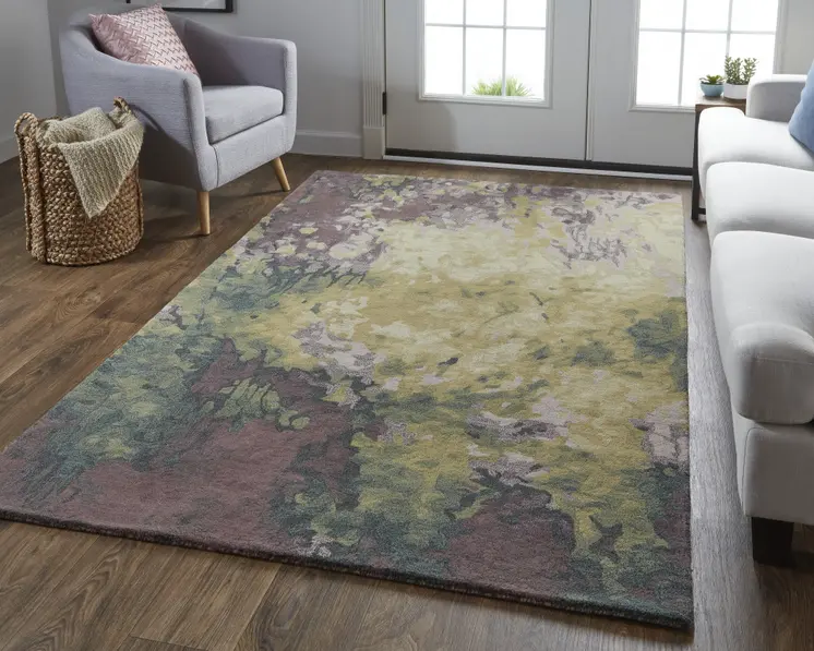 10' X 14' Gold Purple And Green Wool Abstract Tufted Handmade Stain Resistant Area Rug