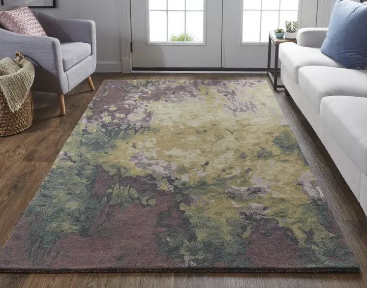 10' X 14' Gold Purple And Green Wool Abstract Tufted Handmade Stain Resistant Area Rug