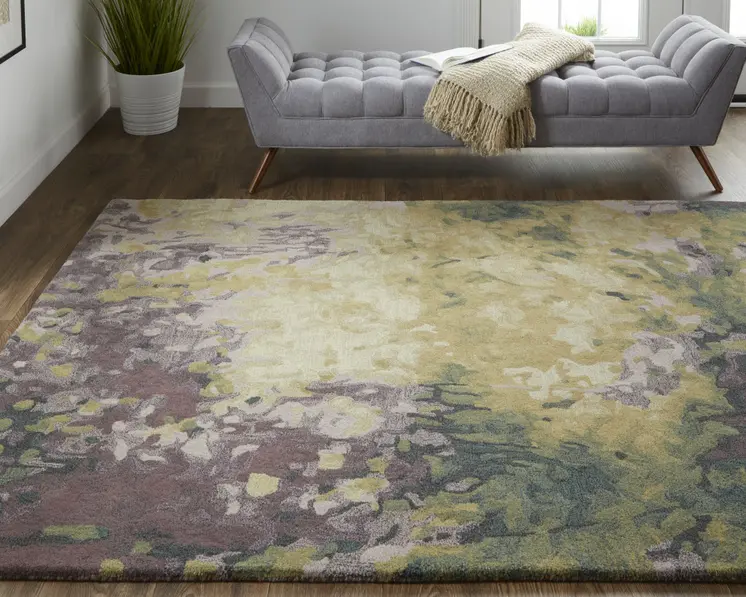 10' X 14' Gold Purple And Green Wool Abstract Tufted Handmade Stain Resistant Area Rug