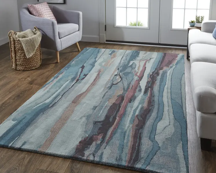 8' X 10' Blue Red And Ivory Wool Abstract Tufted Handmade Stain Resistant Area Rug