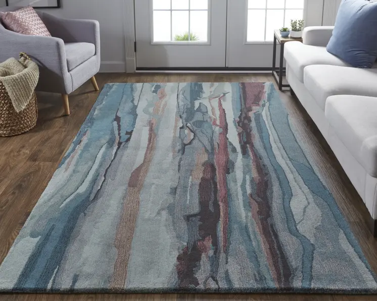 8' X 10' Blue Red And Ivory Wool Abstract Tufted Handmade Stain Resistant Area Rug