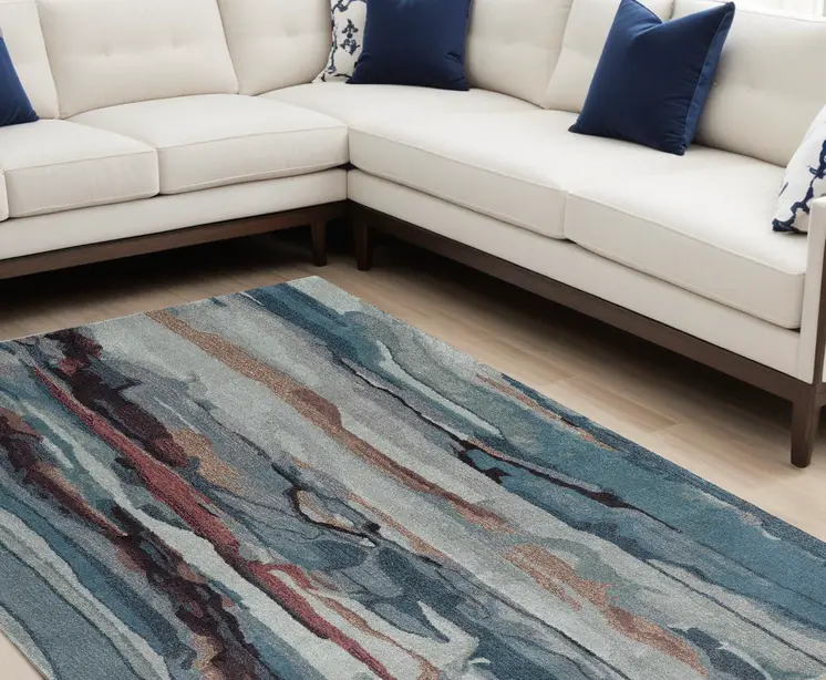 8' X 10' Blue Red And Ivory Wool Abstract Tufted Handmade Stain Resistant Area Rug