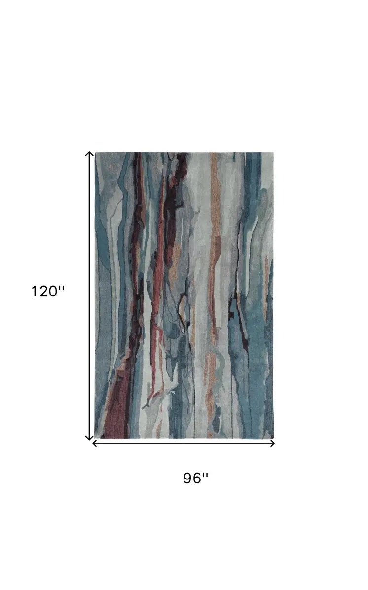 8' X 10' Blue Red And Ivory Wool Abstract Tufted Handmade Stain Resistant Area Rug