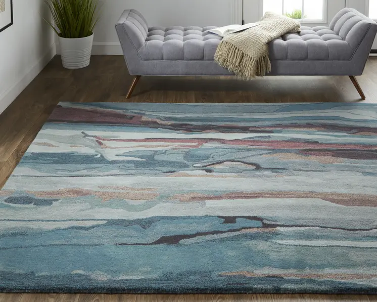 9' X 12' Blue and Orange Wool Abstract Hand Tufted Area Rug