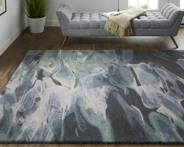 4' X 6' Blue and Black Wool Abstract Hand Tufted Area Rug